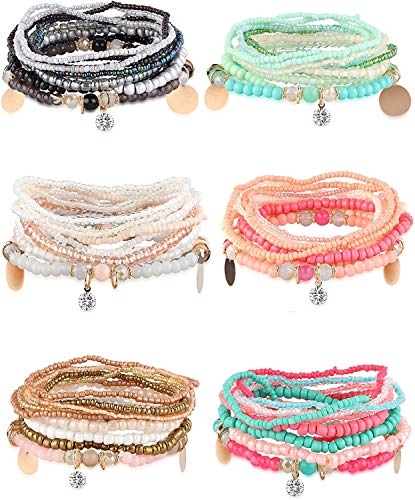 YADOCA 6 Sets Böhmische Stretch Perlen Armbänder für Frauen Mädchen Mehrreihiges Beads Armband Stapelbar Armband Set Multicolor Schmuck von YADOCA