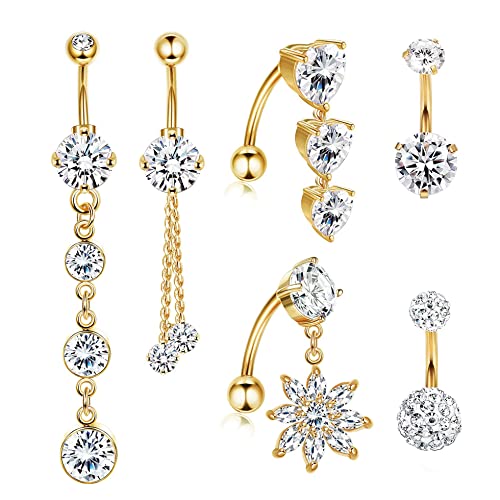 YADOCA 6 Stück 14G Chirurgenstahl Bauchnabelpiercing für Damen Mädchen Dangle Bauchnabelringe Set CZ Bauchnabelpiercing mit Anhänger Piercing Schmuck Gold von YADOCA