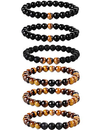 YADOCA 6 Stücke 8 MM Herren Perlen Armband Set Tigerauge Naturstein Yoga Healing Stretch Armband für Männer Frauen Einstellbar von YADOCA