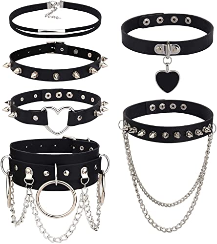 YADOCA 6 Stücke Gothic Choker Halsband für Damen Frauen PU Leder Halskette Set Punk Kette Schwarz Halsband Choker Spikes Rock Lederband Choker Kragen Nieten Choker Verstellbarer von YADOCA