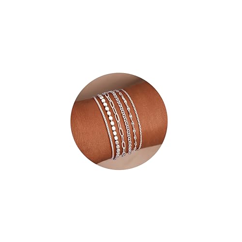 YADOCA 6Pcs Silber Armband für Damen 14K Vergoldet Gold Kubanische Büroklammer Herringbone Box Kette Armbänder Thin Silber Armbänder Set Schmuck für Frauen Teen -1 von YADOCA