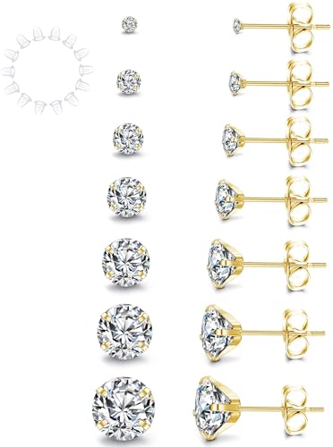 YADOCA 7 Paare Damen Ohrstecker Silber Zirkonia Ohrstecker Ohrringe Set 316L Edelstah Hypoallergen Unisex Klein Schlafen Knorpel Ohrstecker 2-8mm Gold von YADOCA