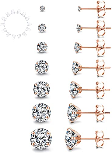 YADOCA 7 Paare Damen Ohrstecker Silber Zirkonia Ohrstecker Ohrringe Set 316L Edelstah Hypoallergen Unisex Klein Schlafen Knorpel Ohrstecker 2-8mm Rosegold von YADOCA