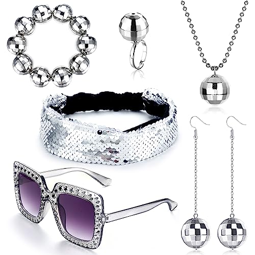 YADOCA 7 Stück 70s Disco Accessoires für Damen Discokugel Ohrringe Halskette Armband Ringe Bunte Bling Stirnband und Sonnenbrille 70er 80er Jahre Outfit Damen für Fasching Karneval Kostüm von YADOCA