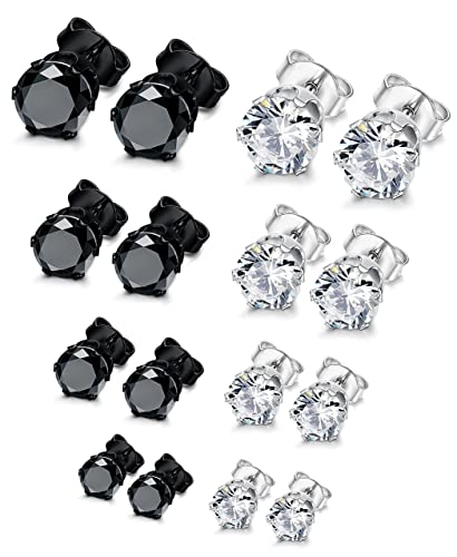 YADOCA 8 Paar Edelstahl Ohrstecker für Männer Hypoallergene Ohrringe Zirkonia Herrenohrringe Silberne und Schwarze Ohrstecker für Damen Herren 3mm-6mm von YADOCA