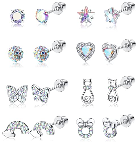 YADOCA 8 Paar Hypoallergene Ohrstecker für Damen Mädchen Chirurgenstahl CZ Herz Sterne Regenbogen Schraubverschluss Ohrring Blume Mehrfarbig Schmetterling Tragus Knorpel Piercing Ohrringe Set von YADOCA