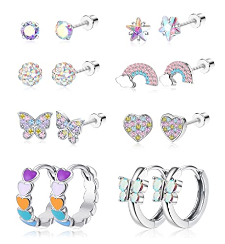 YADOCA 8 Paar Hypoallergene Ohrstecker für Damen Mädchen Kinder 316L Edelstahl CZ Schraubverschluss Ohrring Herz Perle Regenbogen Blume Schmetterling Tragus Knorpel Piercing Ohrringe Set von YADOCA