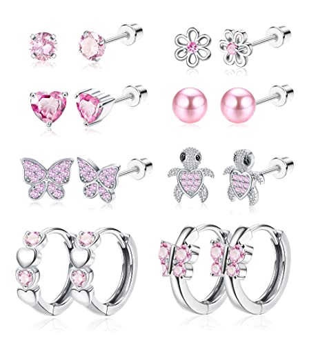 YADOCA 8 Paar Hypoallergene Ohrstecker für Damen Mädchen Kinder 316L Edelstahl CZ Schraubverschluss Ohrring Herz Perle Regenbogen Blume Schmetterling Tragus Knorpel Piercing Ohrringe Set von YADOCA