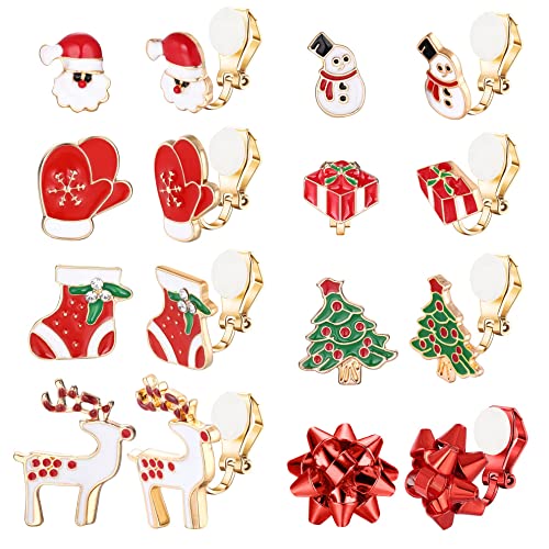 YADOCA 8 Paar Weihnachten Ohrringe Clips für Frauen Kinder Ohrclips Baum Geschenk Schneemann Elch Handschuhe Santa Kein Piercing Weihnachten Klipp Ohrringe Set von YADOCA