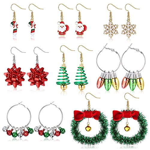 YADOCA 8 Paare Weihnachten Ohrringe Set für Damen Mädchen Weihnachten Ohrstecker Schneemann Weihnachtsmann Glocken Kranz Weihnachtsbaum Schneeflocke Hängend Ohrringe Weihnachtsschmuck von YADOCA