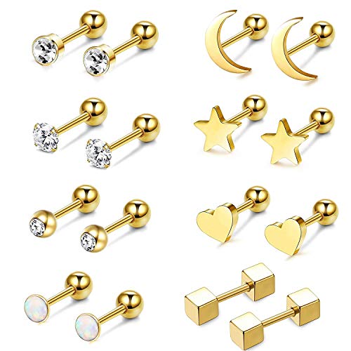 YADOCA 8 Pairs 18G Ohrringe Damen Set Helix Piercing Chirurgenstahl Stern Mond Herz Knorpel Ohrring Barbell Zirkonia Ohr Tragus Piercing Conch Set Für Frauen Ohrringe Silber Gold Rose Gold von YADOCA