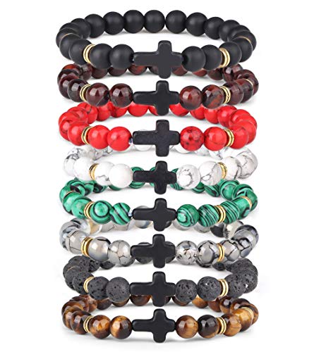 YADOCA 8 Stück 8MM Stein Armband für Männer Frauen Paare Tigerauge Stein Lavastein Armband für ätherisches Öl Heilung Armband Elastic Yoga Kreuz Armband von YADOCA