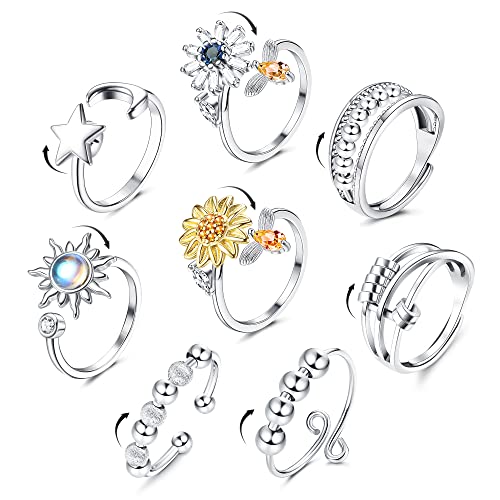 YADOCA 8 Stück Angst Spinner Ringe für Damen Verstellbar Silber Zirkonia Sonnenblume Stern Mond Perlen Band Ring Fidget Angst Ring Perlenring für Angst Stress Ring Anti Angst Relief Ringe mit Box von YADOCA