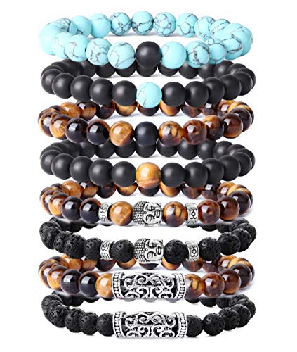 YADOCA 8 Stücke 8 MM Beads Armbänder für Herren Männer Lava Tigerauge Armband Buddha Kopf Armband Gothic Punk Armband Set von YADOCA