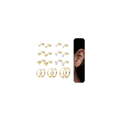 YADOCA 9 Paar Ohrringe Set, 316L Chirurgenstahl Ohrringe Hypoallergene 14K Gold Plattiert Cubic Zirkonia Runde Ohrstecker, Knorpel Huggie Hoop Ohrringe von YADOCA