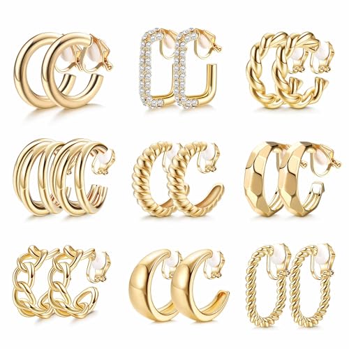YADOCA 9 Paare Gold Clip Ohrringe Damen Hypoallergen 14K Vergoldet Gold Chunky Creolen Ohrclips Ohne Ohrlöcher Klips Ohrringe Set Modeschmuck Geschenk -1 von YADOCA