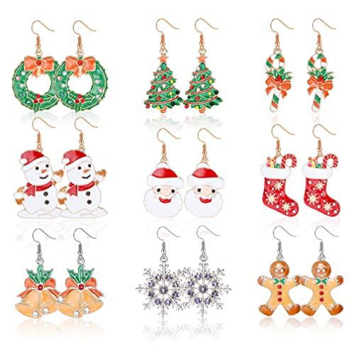 YADOCA 9 Paare Weihnachten Ohrringe Set für Damen Mädchen Weihnachten Ohrstecker Schneemann Weihnachtsmann Glocken Kranz Weihnachtsbaum Schneeflocke Hängend Ohrringe Weihnachtsschmuck von YADOCA