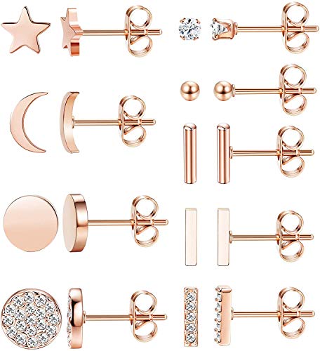 YADOCA 9 Pairs Edelstahl Ohrringe Ohrstecker Set für Damen Mädchen Star Mond Bar Ball Ohrringe CZ Knorpel Helix Ohr Piercing Tragus Ohrstecker Silber Roségold von YADOCA