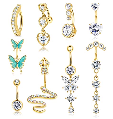 YADOCA 9 Stück 14G Bauchnabelpiercings Chirurgenstahl für Damen Mädchen Langer Anhänger Bauch Piercing Cubic Zirkonia Herz Schlange Schmetterling Bauchnabelpiercings Schmuck Set Gold von YADOCA