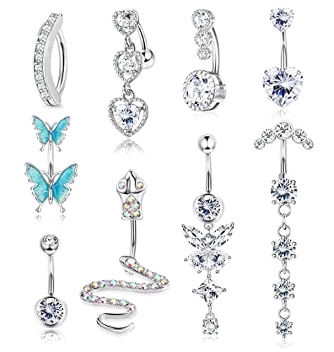 YADOCA 9 Stück 14G Bauchnabelpiercings Chirurgenstahl für Damen Mädchen Langer Anhänger Bauch Piercing Cubic Zirkonia Herz Schlange Schmetterling Bauchnabelpiercings Schmuck Set Silber von YADOCA