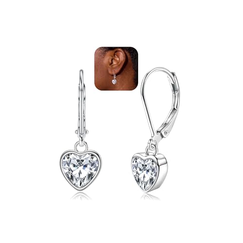 YADOCA 925 Sterling Silber Herz Ohrringe für Damen Kinder Mädchen - Hypoallergen Leverback Zirkonia Hängend, Silber von YADOCA