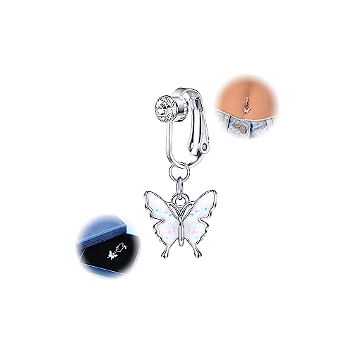 YAODCA Fake Bauchnabelpiercing für Damen Clip On Bauchnabel Ringe Chirurgenstahl CZ Schmetterling Herz Fake Piercing Klemme Silber Kein Piercing Schmuck mit Geschenk-Box 3 von YADOCA