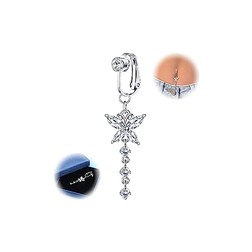 YAODCA Fake Bauchnabelpiercing für Damen Clip On Bauchnabel Ringe Chirurgenstahl CZ Schmetterling Herz Fake Piercing Klemme Silber Kein Piercing Schmuck mit Geschenk-Box 5 von YADOCA