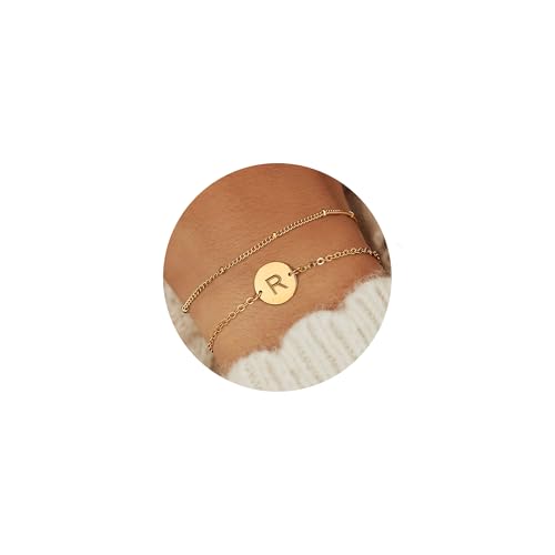 YADOCA Gold Armband für Damen - 18K Gold Gefülltes Brief Initial Armband Personalisierte Scheibe Monogramm Armbänder für Frauen Teenager Mädchen Geschenke - R von YADOCA