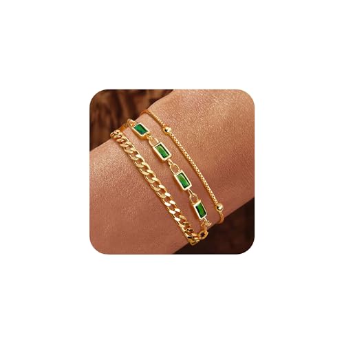YADOCA Gold Armband für Damen Mädchen, 18K Gold Vergoldet geschichtet Schmuck Armband Set zierlich Stapelbar Armbänder Link Büroklammer Kette Frauen Mädchen -Grün von YADOCA