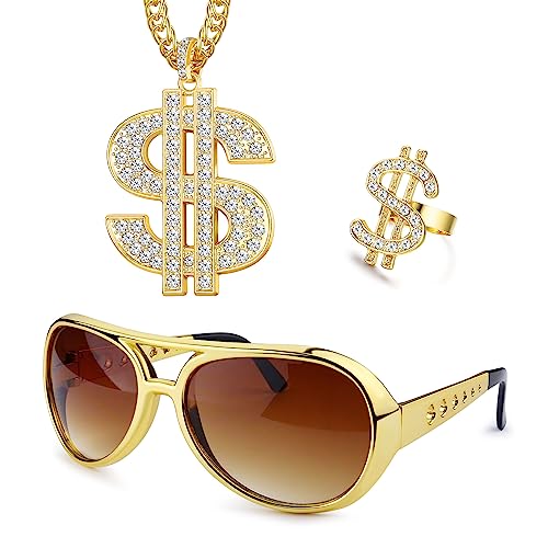 YADOCA Goldkette Herren 70er 80er 90er Jahre Outfit Herren Zuhälter Kostüm Hip Hop Kostümset, Fake Dollar Sign Halskette, Hip Hop Ring Hippie Brille für Hippie Rapper Disco Outfit 3 von YADOCA