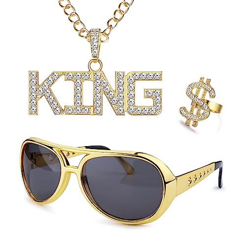 YADOCA Goldkette Herren 70er 80er 90er Jahre Outfit Herren Zuhälter Kostüm Hip Hop Kostümset, Fake Dollar Sign Halskette, Hip Hop Ring Hippie Brille für Hippie Rapper Disco Outfit 4 von YADOCA