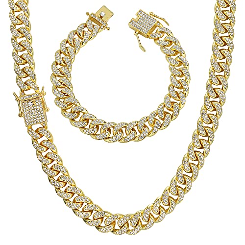 YADOCA Iced Out Kette Herren Cuban Link Chain Miami Kubanische Kette Halskette Armband Gold Silber Kette Bling Diamant Kette Armband Hip Hop Schmuck für Männer Frauen von YADOCA