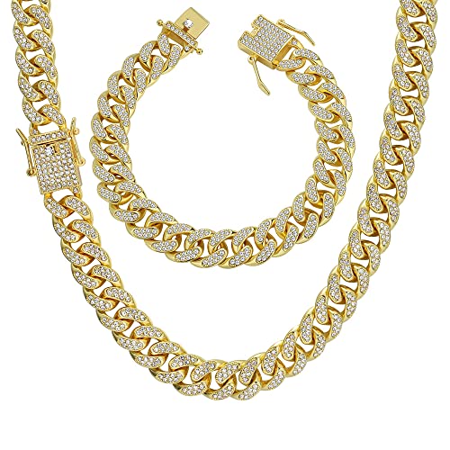 YADOCA Iced Out Kette Herren Cuban Link Chain Miami Kubanische Kette Halskette Armband Gold Silber Kette Bling Diamant Kette Armband Hip Hop Schmuck für Männer Frauen von YADOCA