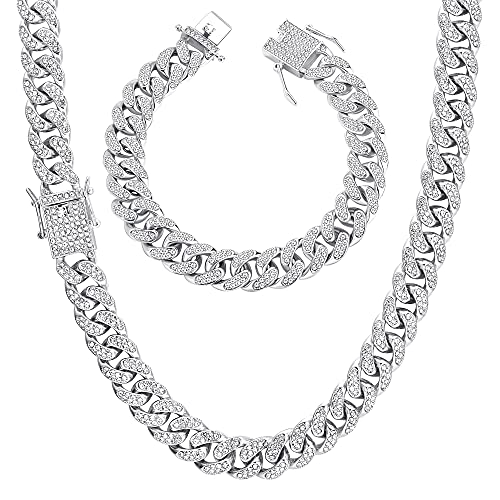 YADOCA Iced Out Kette Herren Cuban Link Chain Miami Kubanische Kette Halskette Armband Gold Silber Kette Bling Diamant Kette Armband Hip Hop Schmuck für Männer Frauen von YADOCA