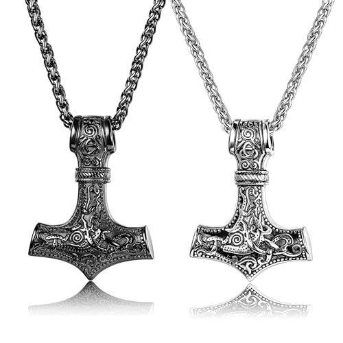 YADOCA Mjölnir Kette Herren Edelstahl Wikinger Halskette Weizenkette Silber Schwarz Thors Hammer Anhänger Statement Necklace Schmuck Für Herren Damen von YADOCA