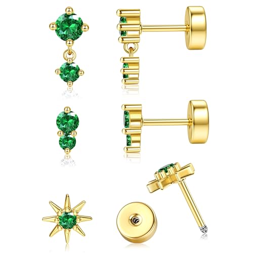 YADOCA Helix Piercings Chirurgenstahl Ohrringe Set für Damen Hypoallergen 14K Vergoldet Piercing Ohr Gold Medizinische Ohrstecker Conch Tragus Piercings -Grün CZ von YADOCA