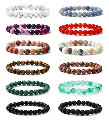 YADOCA 12 Stück 8mm Perlenarmband für Herren Damen Heilung Naturstein Armband Halbedelsteine Armbänder Kristall verstellbar Elastic Herren Armband Perlen Set von YADOCA