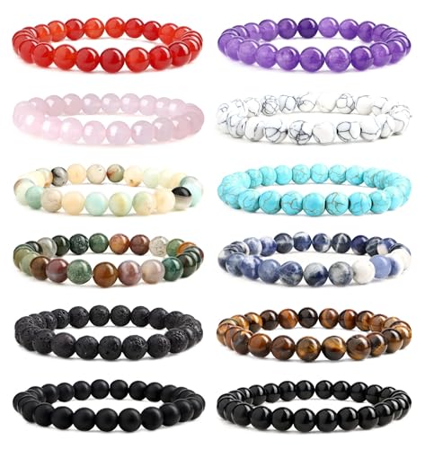 YADOCA 12 Stück 8mm Perlenarmband für Herren Damen Heilung Naturstein Armband Halbedelsteine Armbänder Kristall verstellbar Elastic Herren Armband Perlen Set von YADOCA