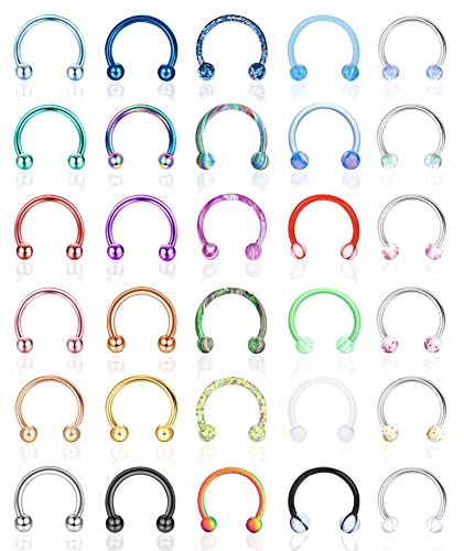 YAODCA 30 Stück 16G Hufeisen Septum Ringe Edelstahl Septum Nase Piercing Schmuck Augenbrauen Lippenringe Hoop Knorpel Helix Tragus Ohrring für Damen Herren 8MM 10MM von YADOCA