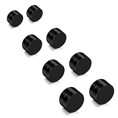 YAODCA 4 Paare 6-12MM Edelstahl Magnet Ohrringe für Herren Damen Rund Ohrstecker Clips Non-Piercing Schwarz Silberton von YADOCA