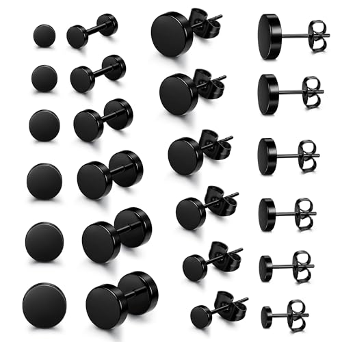 Yadoca 12 Paare Edelstahl Stud Ohrstecker Set für Männer Frauen Schwarz Matt Runde Unisex Piercing Ohrringe 3mm - 8mm von YADOCA