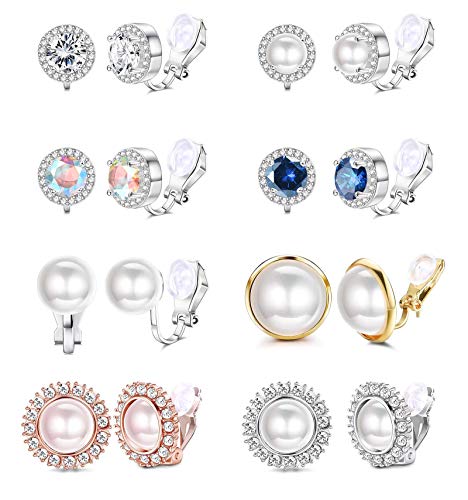 Yadoca 8 Paar Clip Ohrringe Sets für Damen Mode Zirkonia CZ Kristall Süßwasser Perle Ohrringe Hypoallergene nicht durchbohrte Clip auf Ohrringe Schmuck von YADOCA