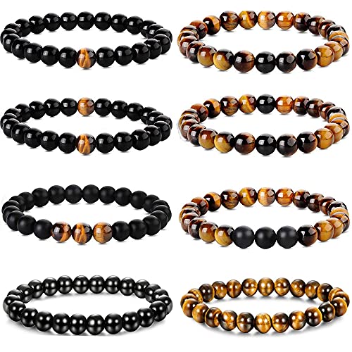 Yadoca 8Pcs 8mm Armbänder für Herren Frauen Tiger Eye Stone Mala Perlen Achat Elastic Naturstein Yoga Armbänder Set von YADOCA