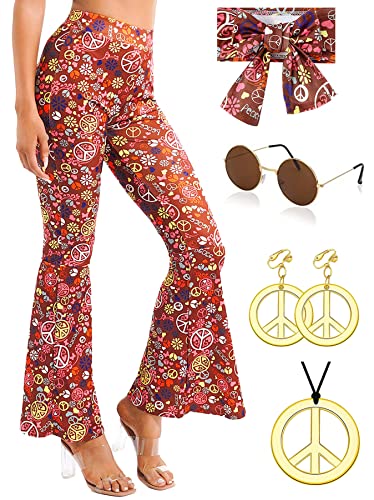 Hippie Kostüm Damen Hose Set Hippie Schlaghose Damen Hippie Accessoires 60er 70er Jahre Outfit Damen Party Boho Hippie kleidung Damen Hosen 70er Jahre Bekleidung Damen Frau für Karneval Fasching (L) von YADODO