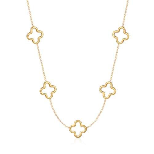 YADUDA Zierliche Halskette mit vierblättrigem Kleeblatt-Anhänger für Damen, 18 Karat vergoldeter Edelstahl, Glücksbringer-Schmuck mit 4 Blättern, large hollow clover, Vergoldet, Kein Edelstein von YADUDA