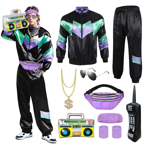 80er 90er Kostüm Herren mit Accessoires, Retro 80er 90er Hip Hop Outfit für Erwachsene, 80er Kostüm Set mit Sporthose Halskette Luftballon Radio Brille Gürteltasche Stirnband 80er Party Karneval (M) von YAEGIMHT