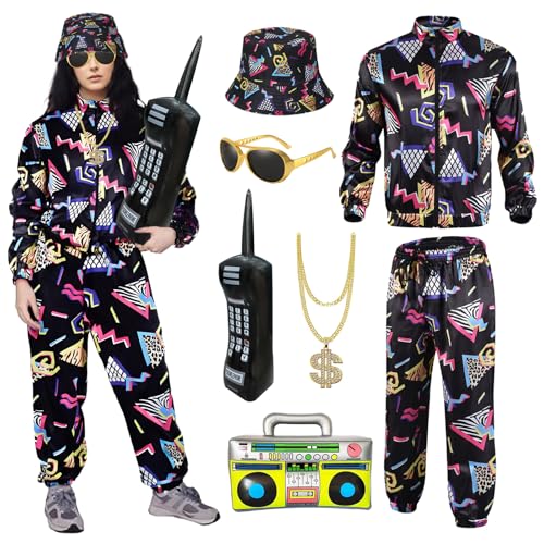 80er 90er Jahre Outfit Herren Damen, 7 Pcs Trainingsanzug Kostüm Jogginganzug Bedruckter Anzug + bedruckter Hut + Halskette + Sonnenbrille + Aufblasbares Telefonund Lautsprecher für Karneval Partys von YAEGIMHT