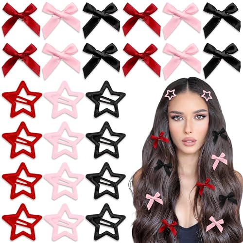 YAEISM Haarspangen mit Metall-Stern, Satin-Schleife, Kokette, rote Haarschleifen, Y2K, Haarschmuck für Damen und Mädchen, 24 Stück von YAEISM