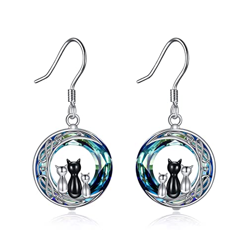 3 Katzen Ohrringe Silber 925 Katze Ohrhänger Keltische Mond Kristall Schmuck Geschenke Damen Schwarze Katzen Liebhaber von YAFEINI