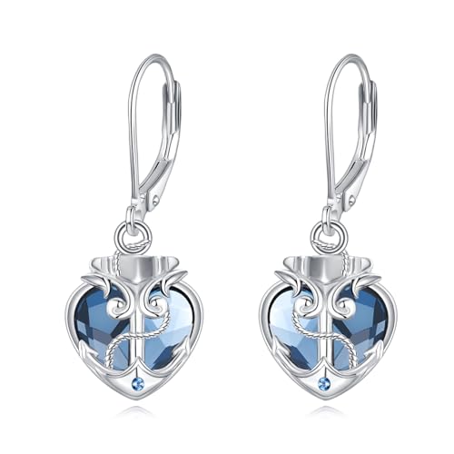 Anker Ohrringe 925 Sterling Silber Herz Blauer Kristall Tropfen Ohrringe Nautische Themen Schmuck Geschenke für Damen (Aquamarin) von YAFEINI